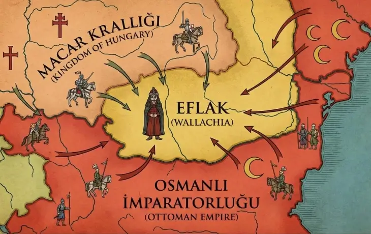 Osmanlı ve Macar baskısı altındaki Eflak Prensliği’nin tarihi konumunu gösteren çizimli harita.